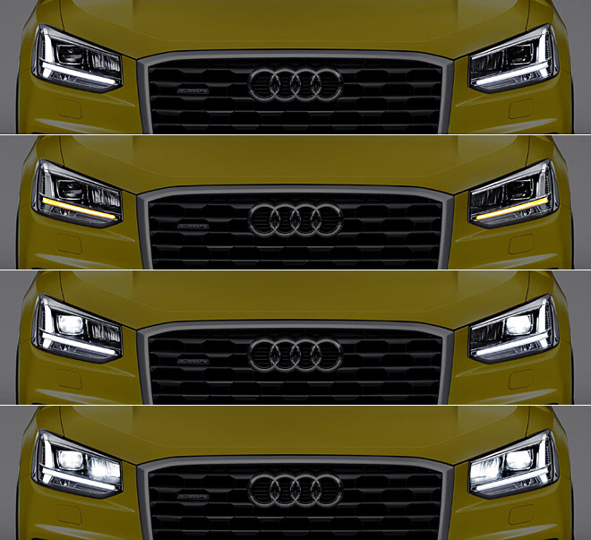 Audi erfreut wieder mit Detailbildern der Lichtsignaturen, hier mit dem optionalen Voll-LED-System (nur Tagfahrlicht, nur Blinker, Abblendlicht, Fernlicht)