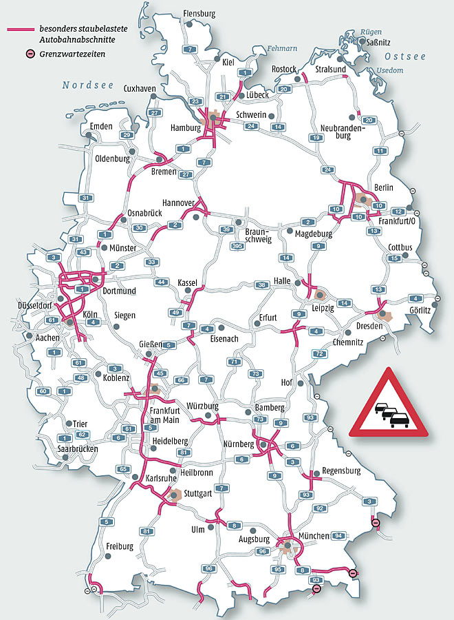 Die ADAC-Karte zeigt die im Osterreiseverkehr 2016 am strksten staugefhrdeten Autobahnabschnitte