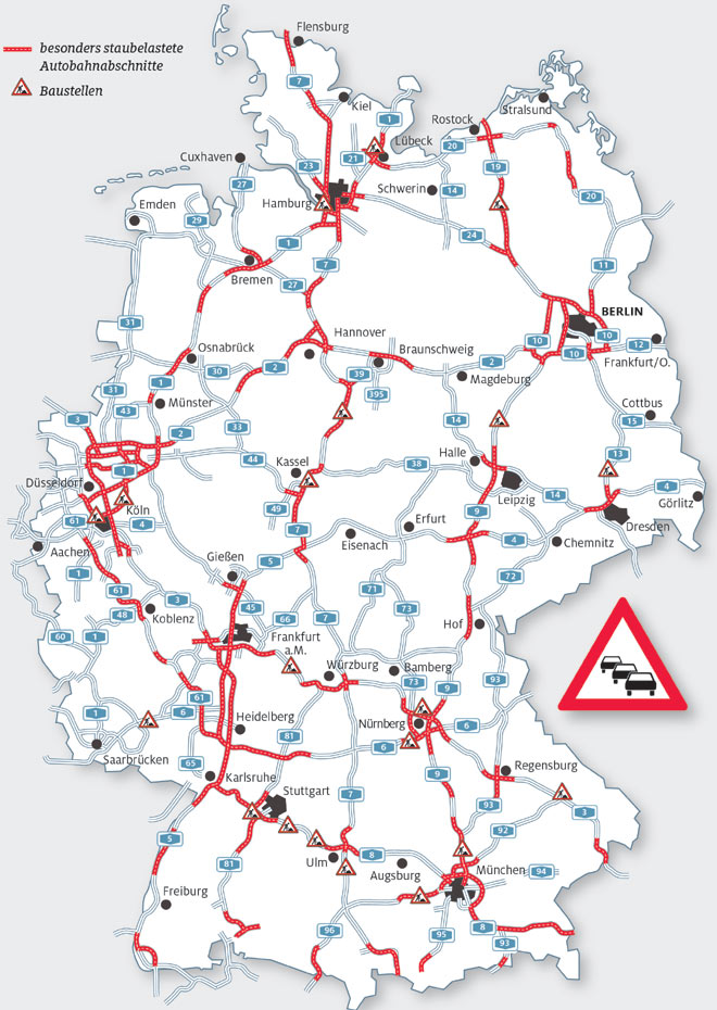 Die Karte zeigt die im Sommerreiseverkehr 2016 besonders staugefhrdeten Autobahn-Abschnitte