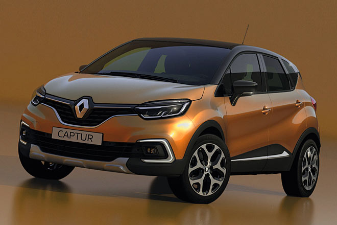 Renault schickt den Captur mit strker auf SUV-Optik getrimmtem Auftritt in die zweite Lebenshlfte. Neu sind Voll-LED-Scheinwerfer (optional), das markante Tagfahrlicht und der optische Unterfahrschutz