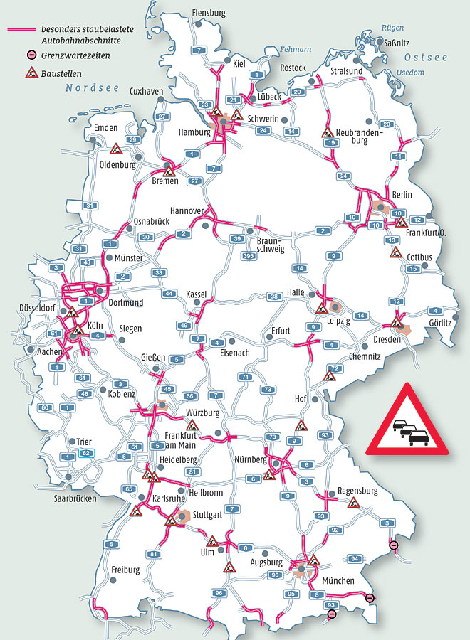 Die Karte zeigt die erwarteten Staubereiche im Pfingstreiseverkehr 2017 auf Deutschlands Autobahnen
