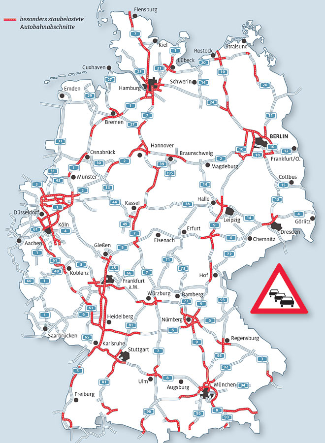 Die Karte zeigt die erwarteten Staubereiche auf Autobahnen im Sommerreiseverkehr 2017