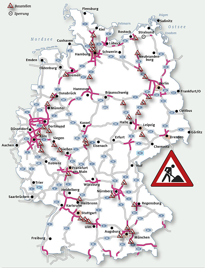 Die ADAC-Karte illustriert die wichtigsten Bereiche mit Autobahn-Baustellen in Deutschland fr 2018