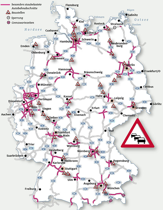 Die Karte visualisiert die wichtigsten Staustrecken auf Autobahnen im Sommerreiseverkehr 2018