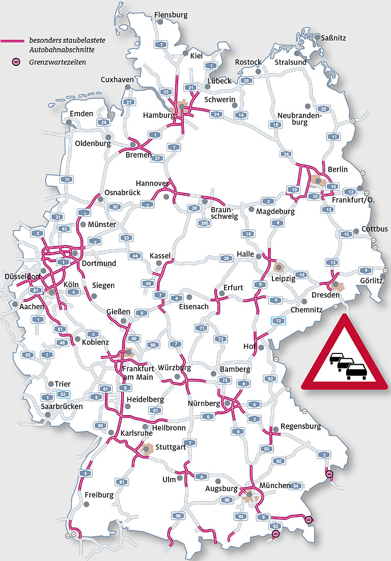 Die Karte zeigt die vom ADAC erwarteten Staustrecken auf Deutschlands Autobahnen im Weihnachtsreiseverkehr 2018