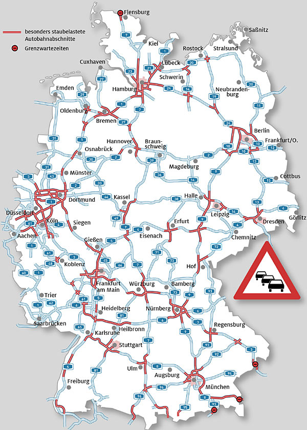 Die Karte zeigt die erwarteteten Staubereiche auf Deutschlands Autobahnen an und um Weihnachten 2019 bzw. Silvester/Neujahr 2019/20