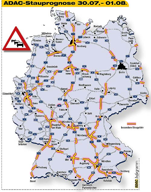 Die Karte zeigt die prognostizierten Staubereiche auf Autobahnen am Wochenende 30.07.-01.08.2004