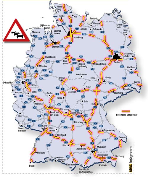 Die Karte zeigt die prognostizierten Staubereiche auf Autobahnen am Wochenende 13.-15.08.2004