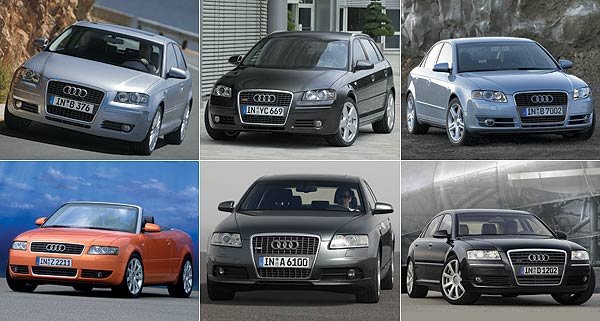 Hohe hnlichkeit: Bis auf das Cabriolet tragen nun alle Audi-Modelle die neue Front (im Uhrzeigersinn: A3, A3 »Sportback«, A4, A8, A6, A4 Cabriolet)