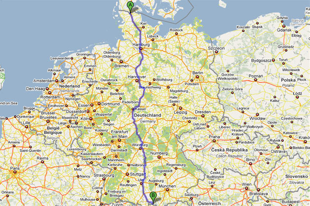 Tagestour: Die A7 ist nun durchgehend von der dnischen Grenze bei Flensburg bis zur sterreichischen Grenze bei Fssen befahrbar. Die Distanz betrgt 968 Kilometer