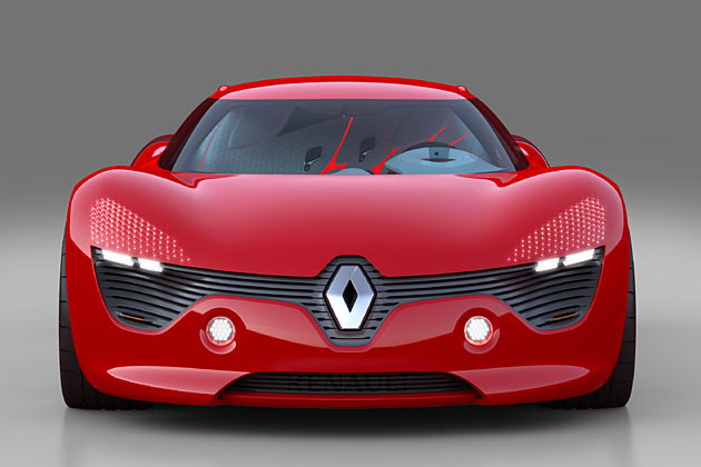 Die Frontgestaltung des DeZir wird ber die gesamte Breite von einem geschwungenen Lufteintritt bestimmt, in dem mittig eine auffallend groe Rhombe, das Renault-Markenemblem, platziert ist