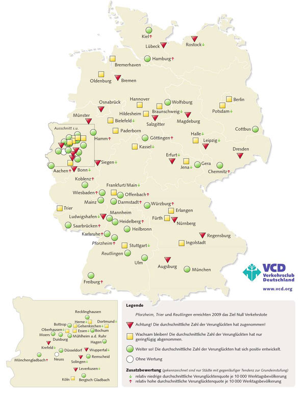 Die Karte zeigt die durchschnittliche Entwicklung der Zahl der Verkehrsunfall-Verunglckten in deutschen Grostdten sowie Aufflligkeiten bei der Verunglcktenquote