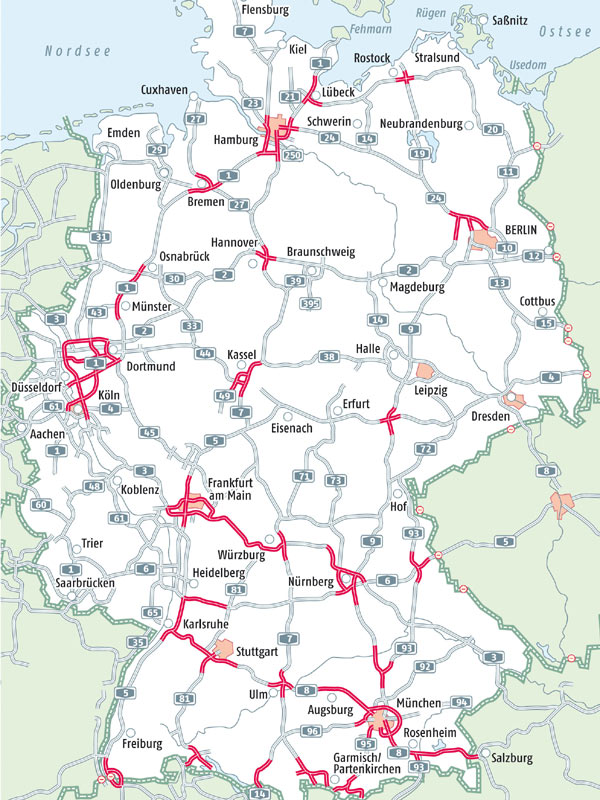 Die Karte zeigt die erwarteten Staubereiche auf den Fernstrecken in Deutschland vor, an und nach Weihnachten 2013