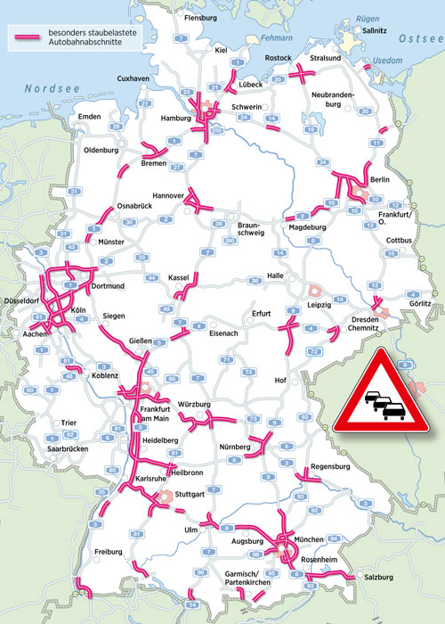 Die Karte zeigt die am strksten staugefhrdeten Autobahnabschnitte im Sommerreiseverkehr 2014