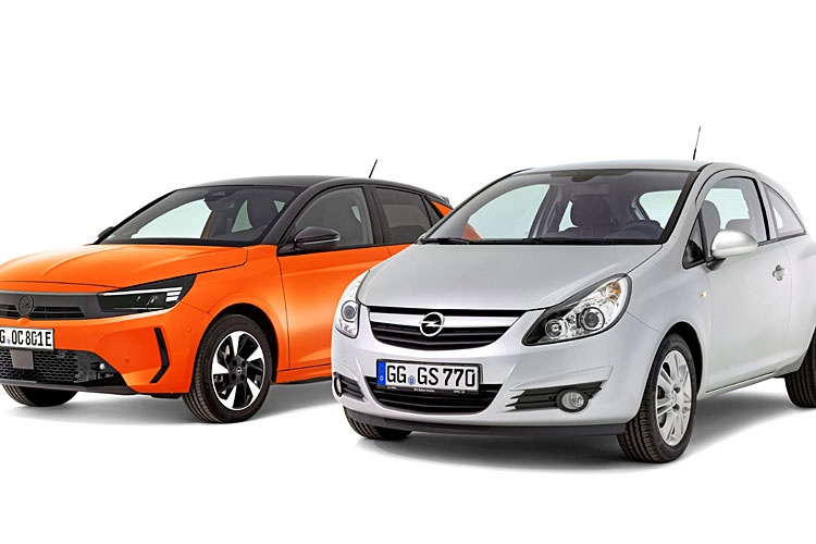 Ein aktueller Opel Corsa Elektro mit einem silbernen Opel Corsa D von 2006