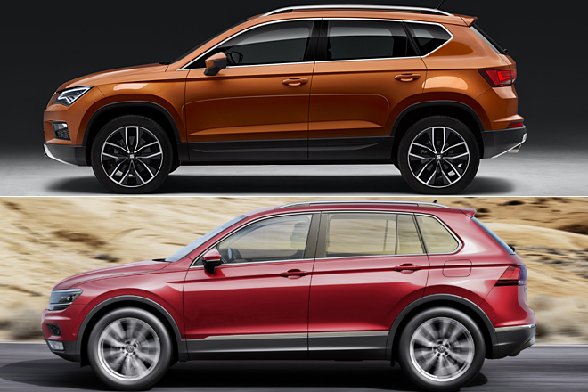 Der »Tiger« ist 13 Zentimeter lnger und trgt die Trgriffe in der Sicke. Seat setzt auf eckige Radhuser wie beim Tiguan I. Die Bilder nicht mastabsgleich zueinander; das untere ist gespiegelt (Tankdeckel natrlich nicht links)