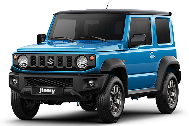 So sieht der Jimny in blau aus. Schwarze Auenspiegel und Trgriffe in Wagenfarbe gibt es nur im Topmodell