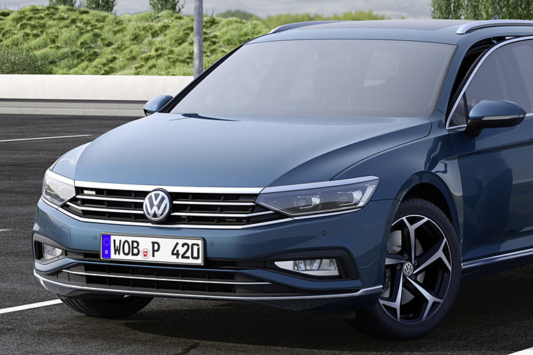 Grill ohne Vertikallamellen und schlichtere, gleichwohl schwarz abgesetzte Schrze: Ohne das R-Line-Paket sieht der Passat so aus wie auf diesem Rendering