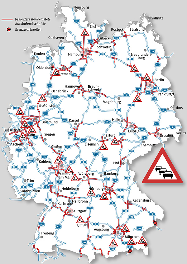 Die ADAC-Karte zeigt die erwarteten Staubereiche im Sommerreiseverkehr 2019