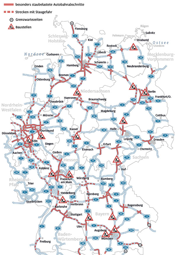 Die ADAC-Karte zeigt die wichtigsten Staustrecken im Sommerreiseverkehr 2020