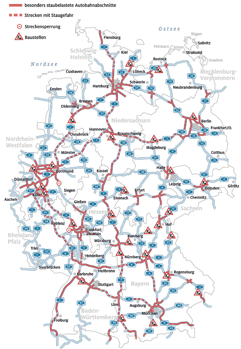 Die ADAC-Karte zeigt die wichtigsten Staustrecken im Sommerreiseverkehr 2022