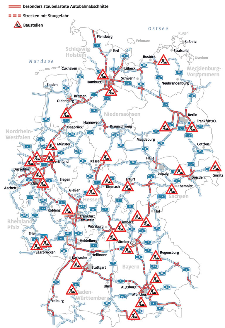 Die Karte zeigt die erwarteten Staustrecken und Baustellen im Sommerreiseverkehr 2023