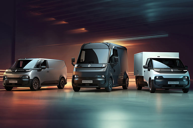 Trafic, Estafette, Goalette: Noch einmal das neue Elektro-Trio. Es wurde zusammen mit dem Renault-Volvo-CMACGM-Gemeinschaftsunternehmen Flexis entwickelt. Gegen die diversen Stellantis-Marken und Ford wird es Renaults Transporter-Sparte trotzdem schwer haben