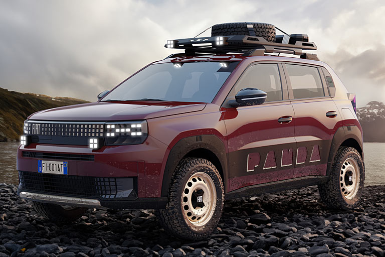 Fiat stellt den Grande Panda als 4x4-Konzeptstudie vor. Die Karosseriefarbe Bordeaux soll an das Dunkelrot des legendren Vorgngers erinnern