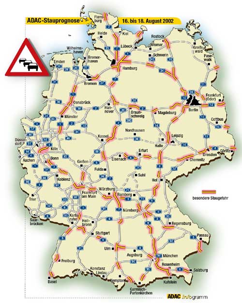 Staubereiche auf Autobahnen am Wochenende 16.-18.08.2002