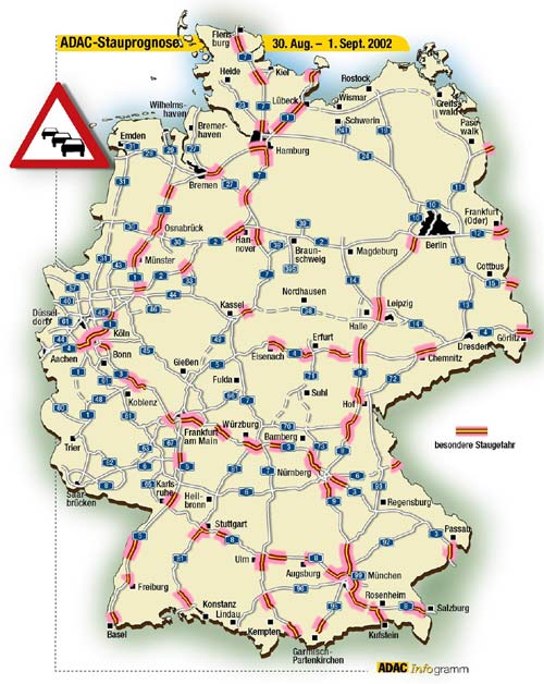 Staubereiche auf Autobahnen am Wochenende 30.08.-01.09.2002