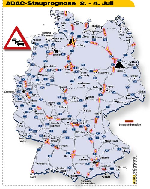 Die Karte zeigt die prognostizierten Staubereiche auf Autobahnen am Wochenende 02.-04.07.2004