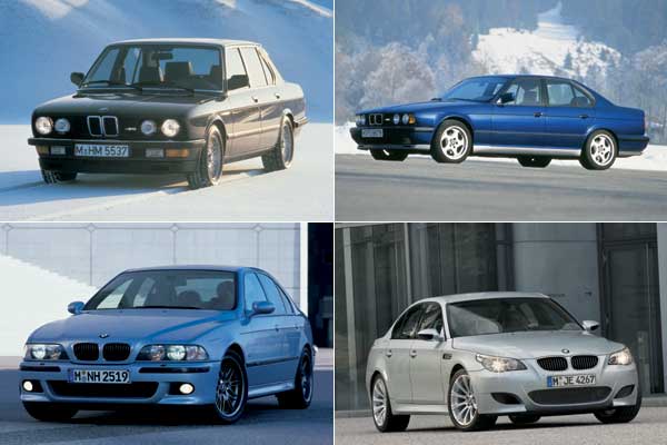 Generationentreffen: Der erste M5 kam 1984 auf den Markt, 1988 der zweite, jeweils mit R6-Motoren. 1998 hielt der V8 Einzug in die neue Baureihe, jetzt folgt bereits der V10 im vierten M5