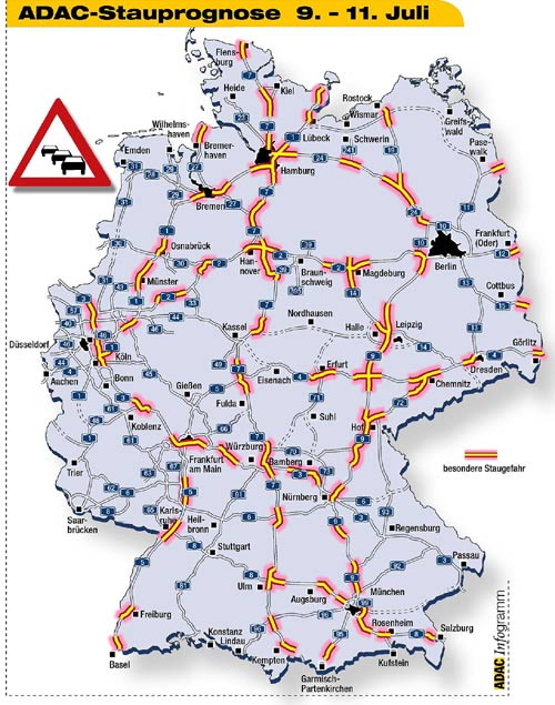 Die Karte zeigt die prognostizierten Staubereiche auf Autobahnen am Wochenende 09.-11.07.2004