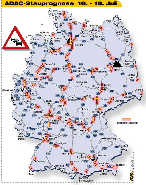 Die Karte zeigt die prognostizierten Staubereiche auf Autobahnen am Wochenende 16.-18.07.2004
