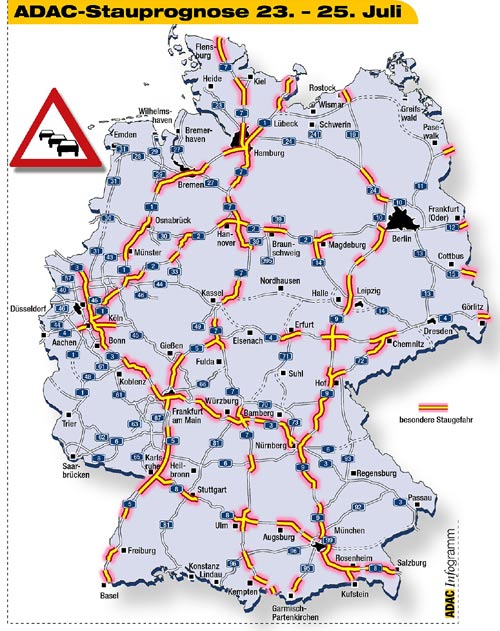 Die Karte zeigt die prognostizierten Staubereiche auf Autobahnen am Wochenende 23.-25.07.2004