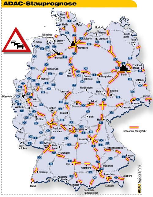 Die Karte zeigt die prognostizierten Staubereiche auf Autobahnen am Wochenende 06.-08.08.2004