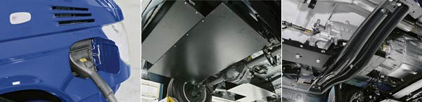 ... an der Steckdose vorne rechts im Kotfl�gel. Die Batterien sind unterflur angeordnet (Mitte); der Elektromotor ist zwischen Getriebe und Kupplung in den Antriebsstrang integriert (rechtes Bild au�en)