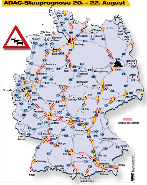 Die Karte zeigt die prognostizierten Staubereiche auf Autobahnen am Wochenende 20.-22.08.2004