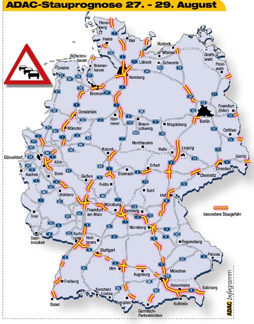 Die Karte zeigt die prognostizierten Staubereiche auf Autobahnen am Wochenende 27.-29.08.2004