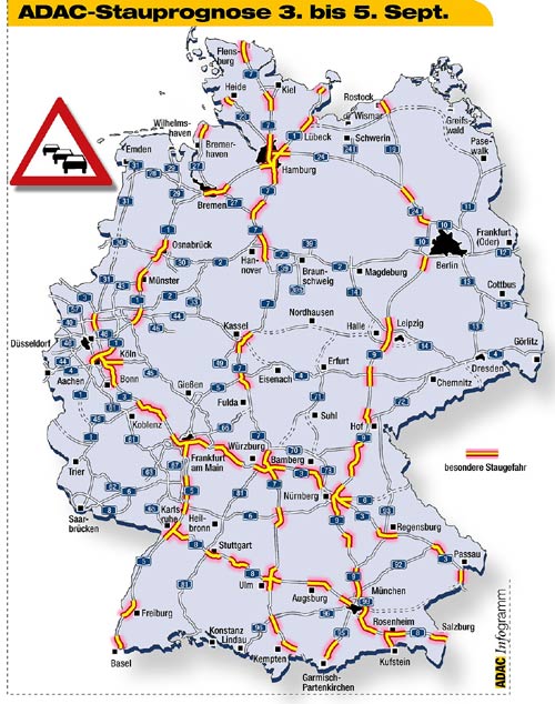 Die Karte zeigt die prognostizierten Staubereiche auf Autobahnen am Wochenende 03.-05.09.2004