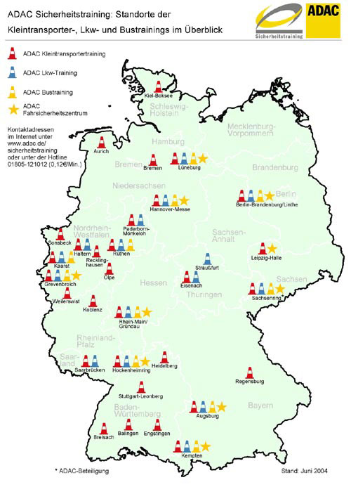 �bersicht der ADAC-Standorte f�r Lkw-, Bus- und Transporter-Fahrsicherheitstrainings