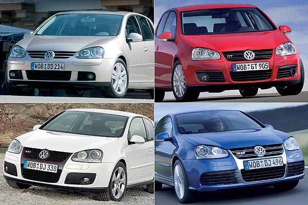 Ein Thema, vier Interpretationen: Golf, GT (oben), GTI, R32 (unten)