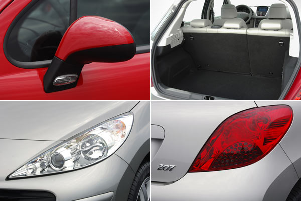 207-Details: Auenspiegel mit Blinker  la 807 oder Renault, Blick in den gewachsenen Kofferraum, groe Scheinwerfer und neu gestaltete Rckleuchten, deren Innenleben noch nicht so recht erkennbar ist