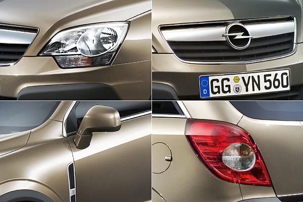 Antara im Detail: Scheinwerfer mit untenliegenden Blinkern, breite Chromspange oben im Khlergrill und deutliche »Bgelfalte«, stehende Auenspiegel und Lufteinlsse mit Seitenblinkern in der Flanke, ansprechende Rckleuchten mit zwei Rckfahrscheinwerfern