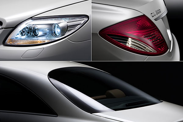 Details: Scheinwerfer mit Bi-Xenon-Licht mit fünf verschiedenen Leuchtmodi, neue Rückleuchten. Die große, runde, gewölbte Heckscheibe ist ein lang zurückreichendes Stilmerkmal der großen Mercedes-Coupés