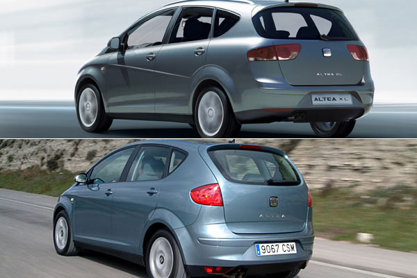 Der direkte Vergleich zwischen Altea XL (oben) und Altea zeigt: Die Unterschiede im Design, etwa an Heckscheibe und -klappe, sind grer als zunchst gedacht