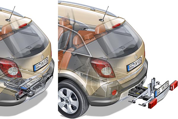 Es wird wie eine Schublade aus dem Fahrzeugheck gezogen und ist dann ohne Werkzeug einsatzklar