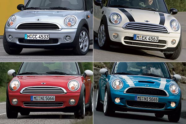Frontdesign mit Variationen: Mini One und Cooper D (oben), Mini Cooper und Cooper S (unten)