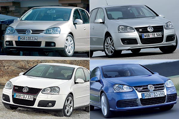 Ein Thema, vier Interpretationen: Golf, GT Sport (oben), GTI, R32 (unten)