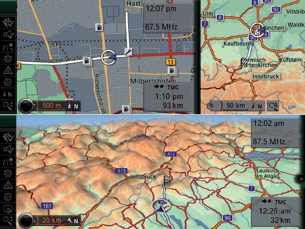 Das Navi »Professional« kann jetzt zwei Kartenmaßstäbe nebeneinander anzeigen (oben) und bietet im Gebirge eine Darstellung der Topografie